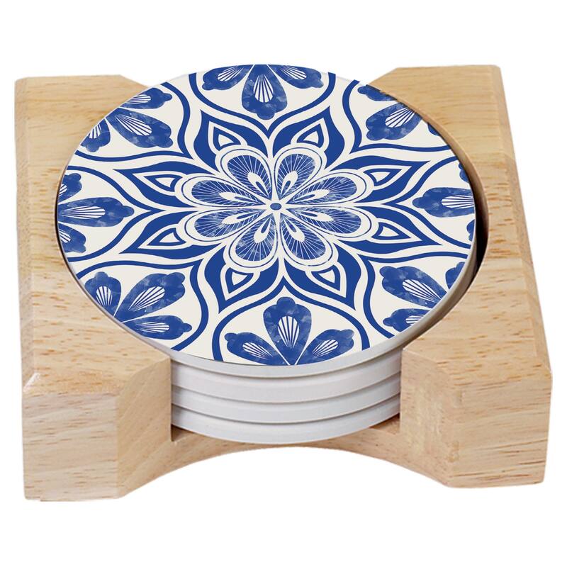 Round Absorbent Coasters - Set of 4 With Holder - Blue Mandala - 4.000x4.000x2.017