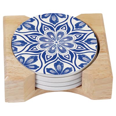 Round Absorbent Coasters - Set of 4 With Holder - Blue Mandala - 4.000x4.000x2.017