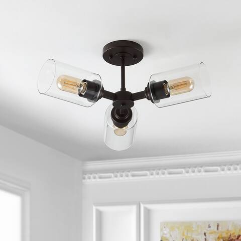 Jaymes 20" 3-Light Farmhouse Industrial Iron Cylinder LED Semi Flush Mount, Oil Rubbed Bronze/Clear by JONATHAN Y