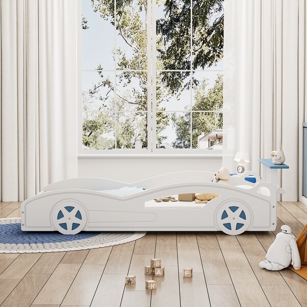Wooden Kids Race Car Bed Twin Size Race Car Shaped Platform Bed with Storage Shelves and Wheels for Kids Teens Bedroom Furniture On Sale Bed Bath Beyond 39293522