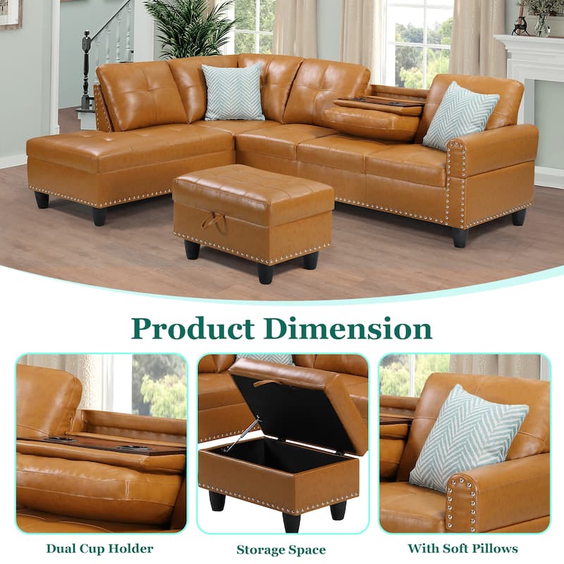 HOMEFUN Linen/Leather Upholstered L-Shaped 4-seater Multifunctional Sectional Sofa with Storage Ottoman,Cup Holder