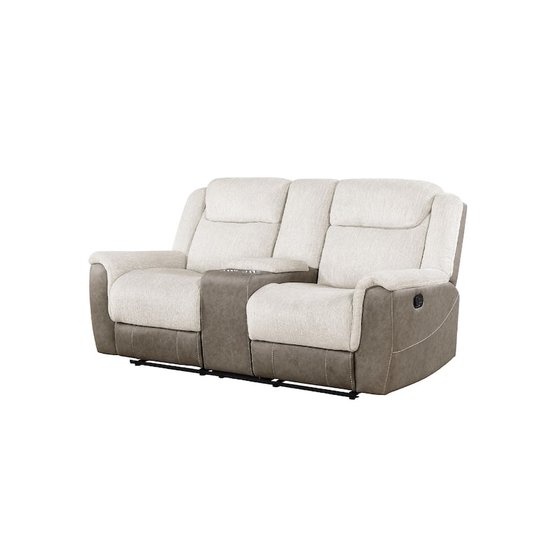 Feo Double Manual Reclining Loveseat with Console, Beige and Gray Chenille