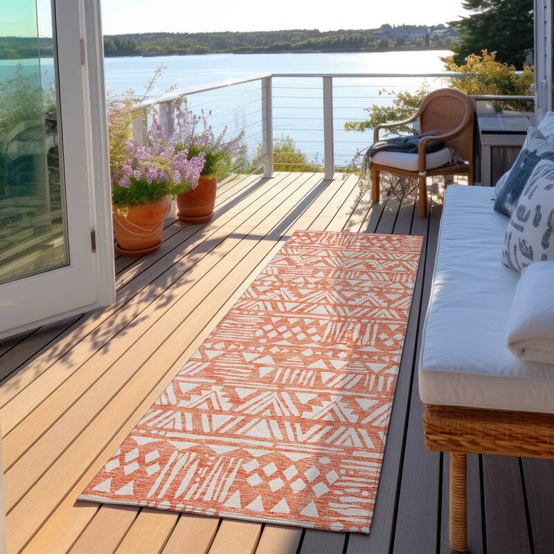 Machine Washable Indoor/ Outdoor Chantille Boho Tribal Rug - Coral - 2'3" x 7'6"