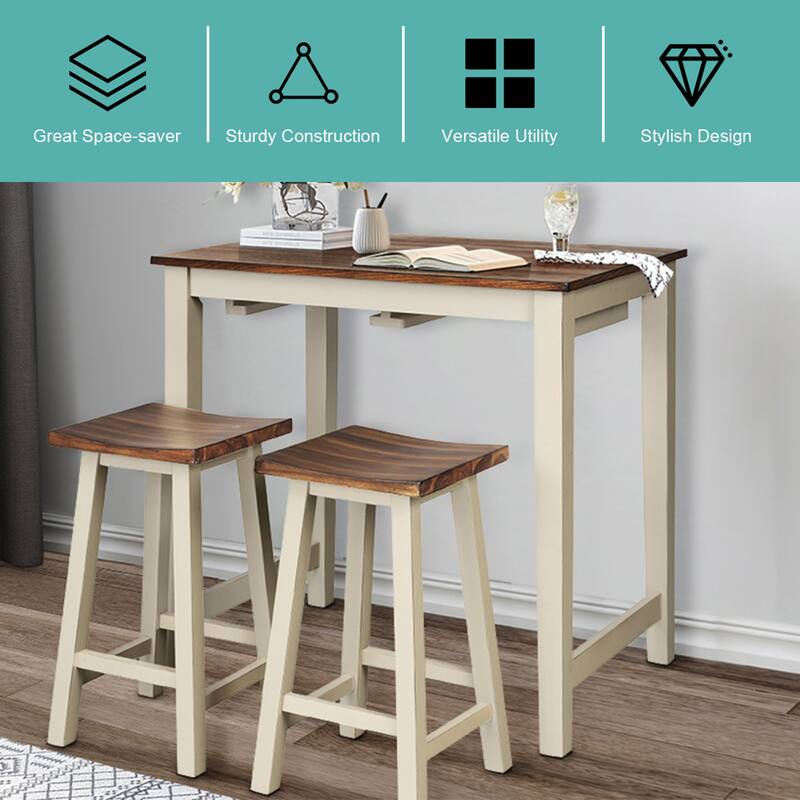 Gymax 3-Piece Bar Table Set Counter Pub Table& 2 Saddle Bar Stools w/