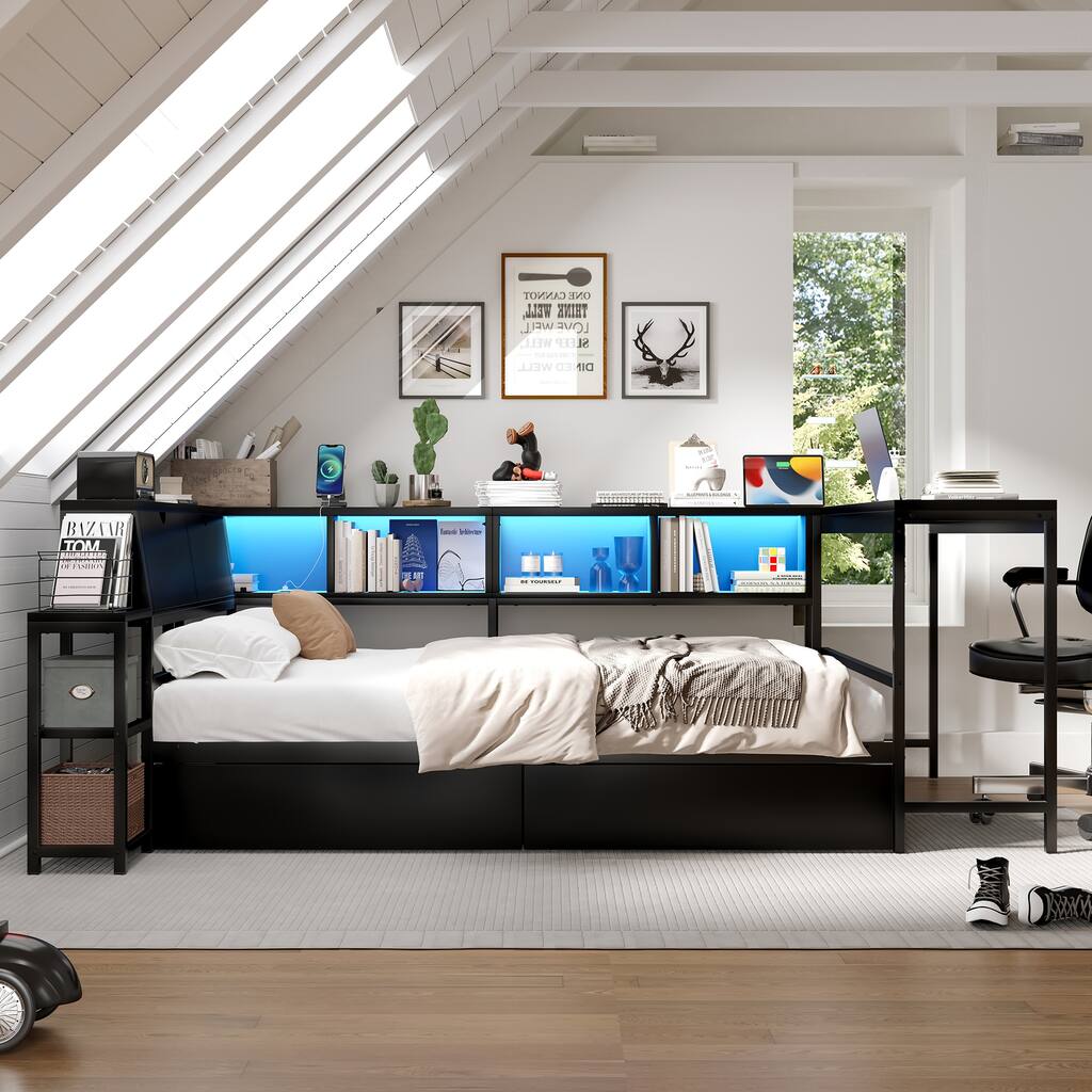 Corner Platform Bed Twin Size Bed Frame with Bookcase, Desk, Storage Drawers, Shelves, LED Light Strips and Charging Station