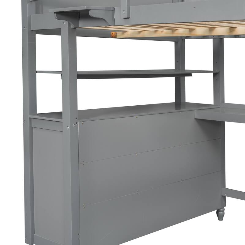 Full Size Loft Bed with Desk, Drawers, and Storage Shelves for Maximized Space