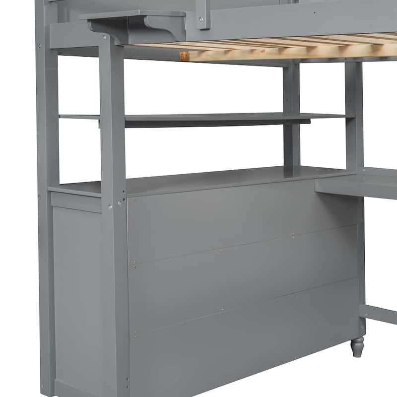 Twin Size Loft Bed Kids Bed Frame Wooden Storage Bed with Desk, Shelves, Pull-out Drawers, Ladder and Guardrail