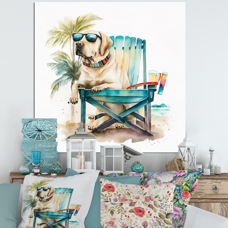 Designart 'Dog On Chair At The Beach II' Animals Canvas Wall Art