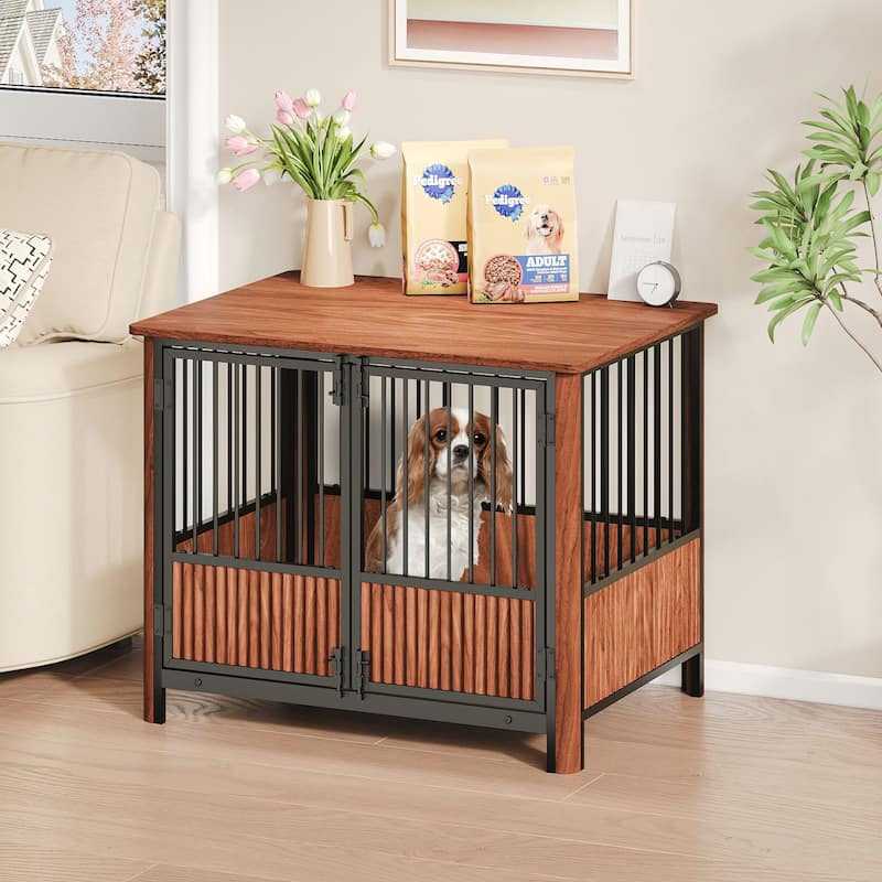 31.5'' Walnut Fluted Wood Furniture Style Dog Crate for small Medium Dogs