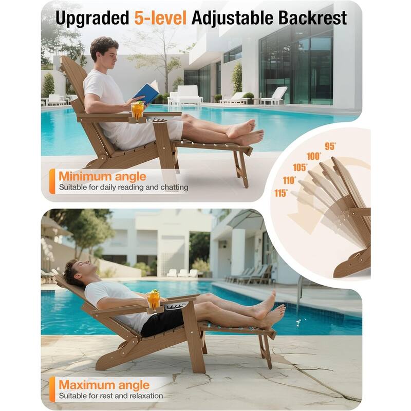 WINSOON All Weather HIPS Folding Adirondack Chair 5-Gear Adjustable Backrest Chairs with Retractable Ottoman Set of 4
