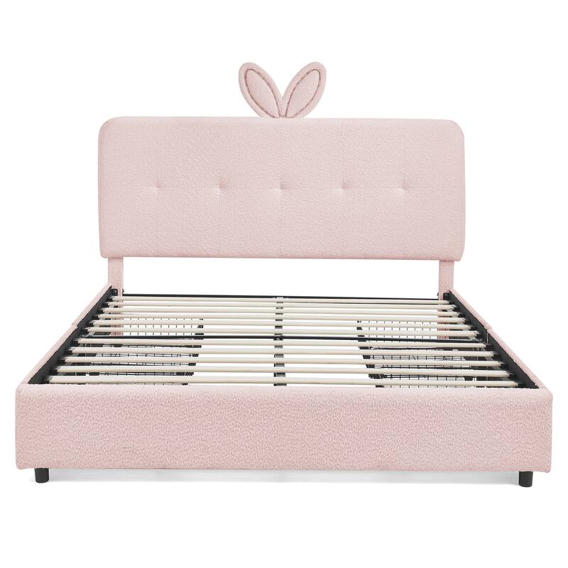 Kids Boucle Upholstered Bed with Rabbit Ear Headboard, LED Music Sync & 4 Drawers