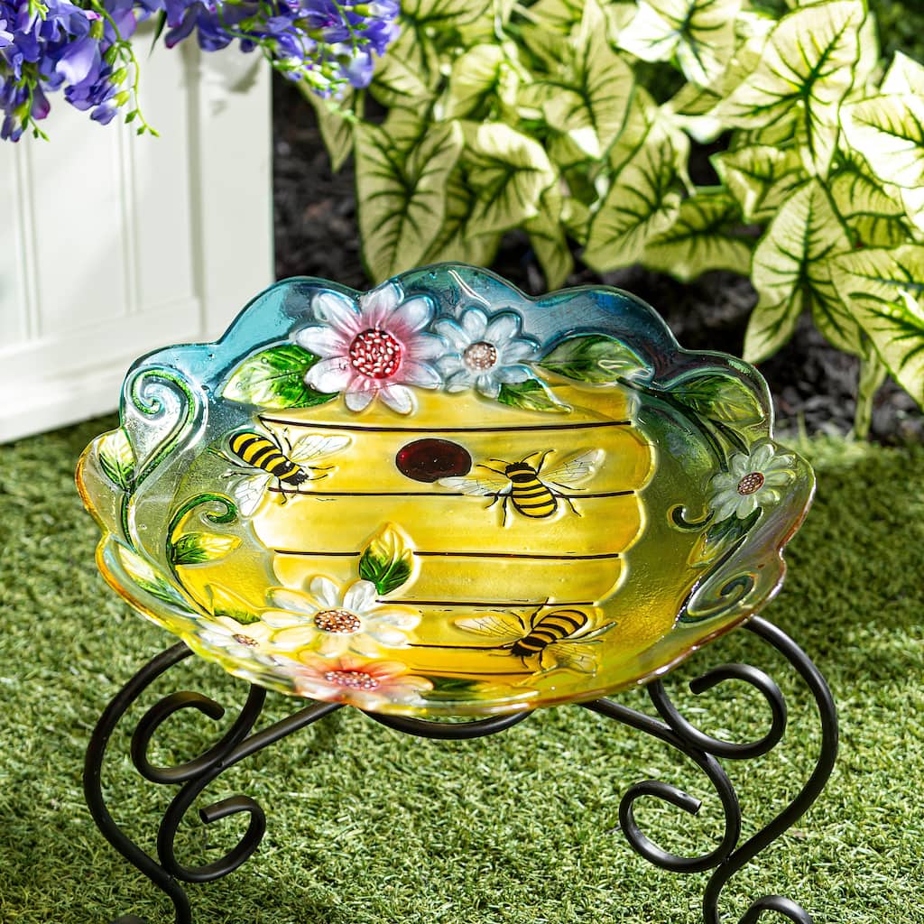 18" Glass Bird Bath, Floral Beehouse