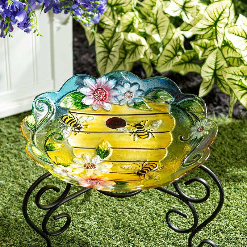 18" Glass Bird Bath, Floral Beehouse