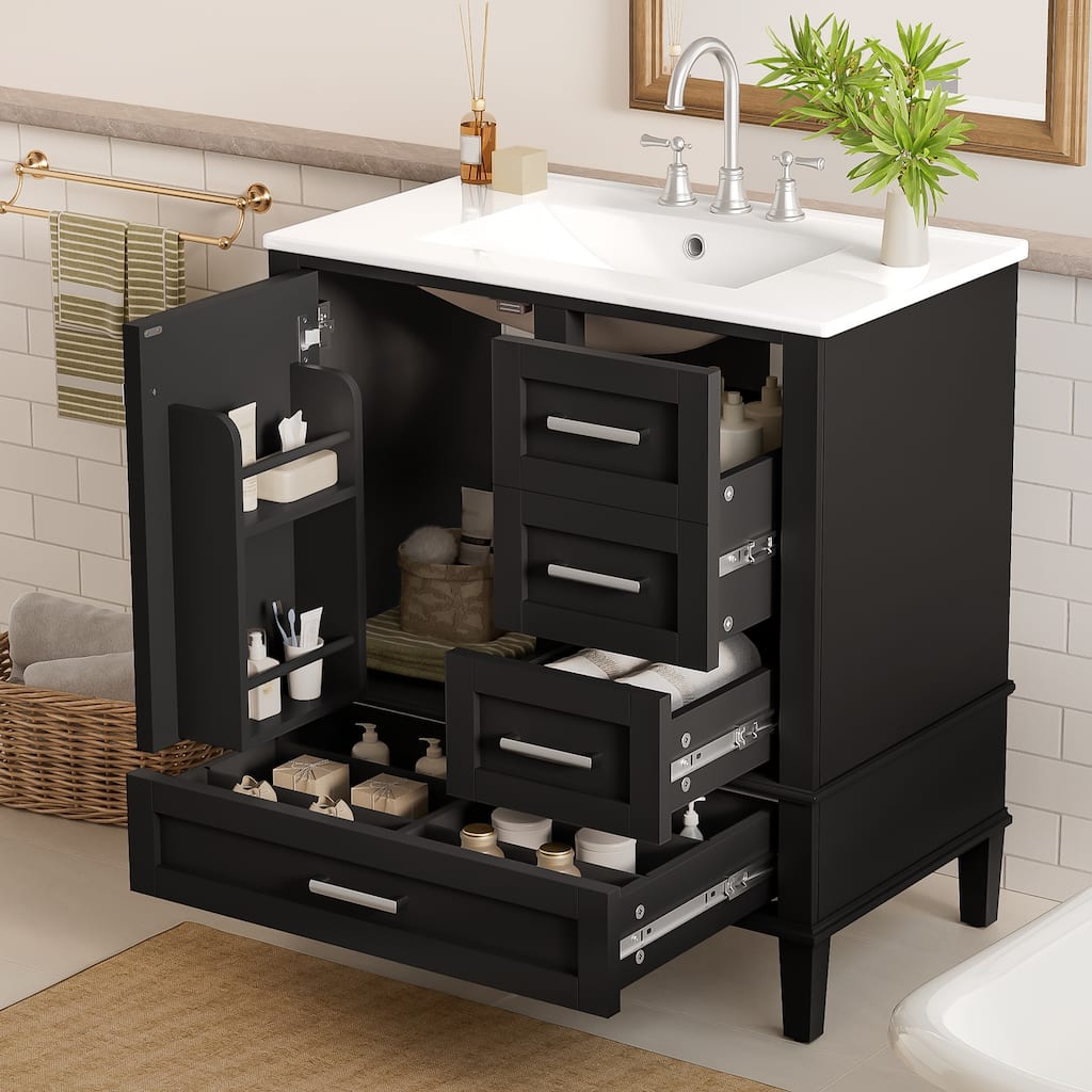 GDFStudio - Lumia Transitional Space Saving Freestanding Bathroom Vanity Cabinet with Ceramic Sink and Soft Close Storage