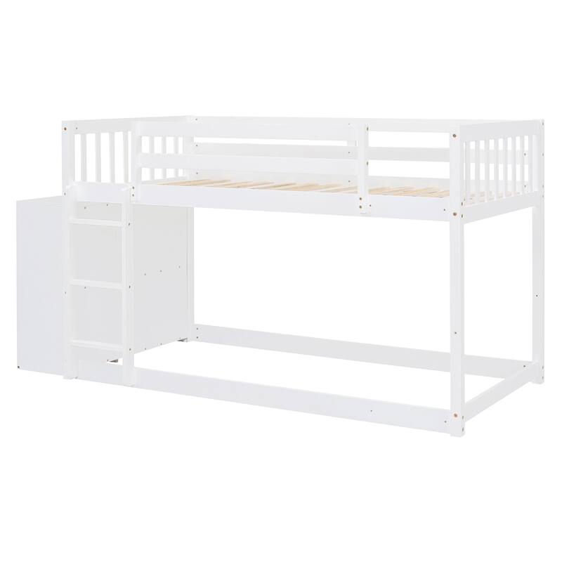 Twin Over Twin Bunk Bed with 4 Drawers and 3 Shelves, White