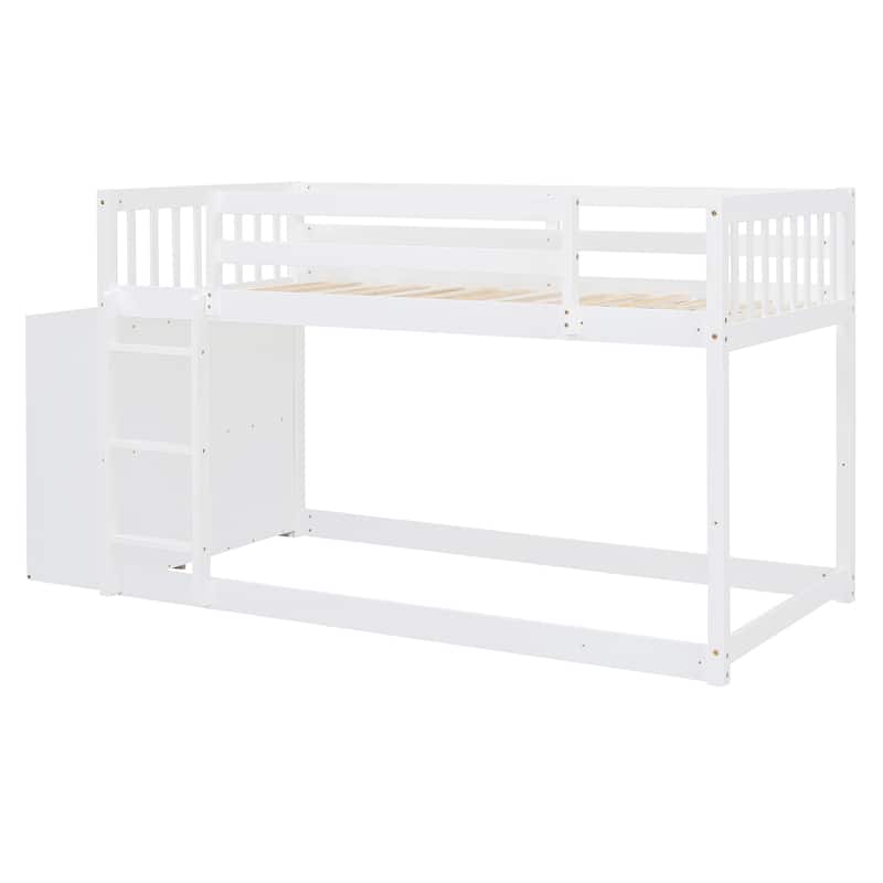 Twin Over Twin Bunk Bed with 4 Drawers and 3 Shelves in Solid Pine