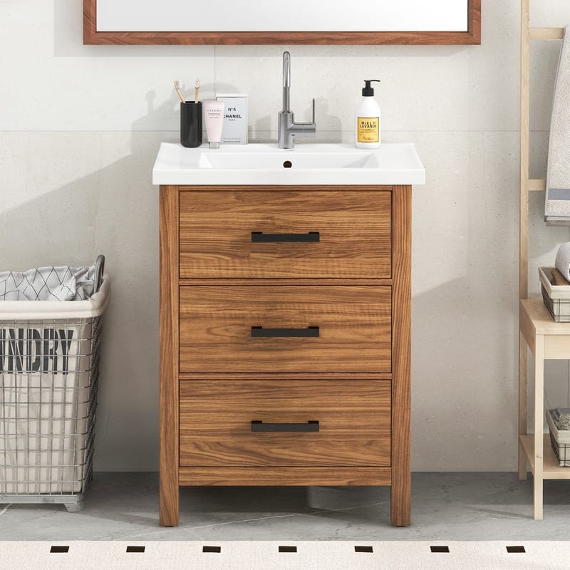 Bathroom Vanity 24 Inch, Small Bath Vanity with Sink, Modern Sink Cabinet, Free Standing Bath Vanity Combo with with 3 Drawers