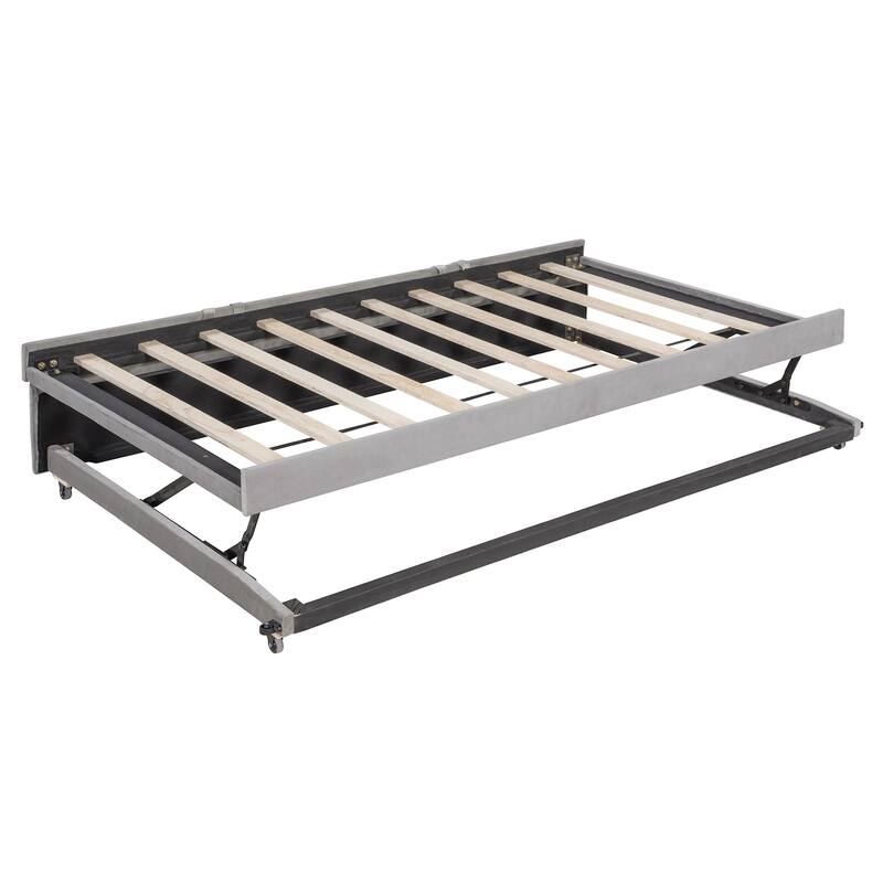 2-in-1 Daybed with Pop Up Trundle Bed, L-Shaped Upholstered Daybed Convertible Platform Bed, Vertical Stripes Frame Sofa Bed