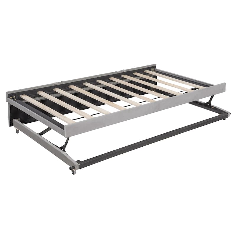 Full Size Daybed with Pull-Out Lift-Up Trundle, Upholstered Daybed Platform Bed with Stripes L-Shaped Backrest and Wood Slats