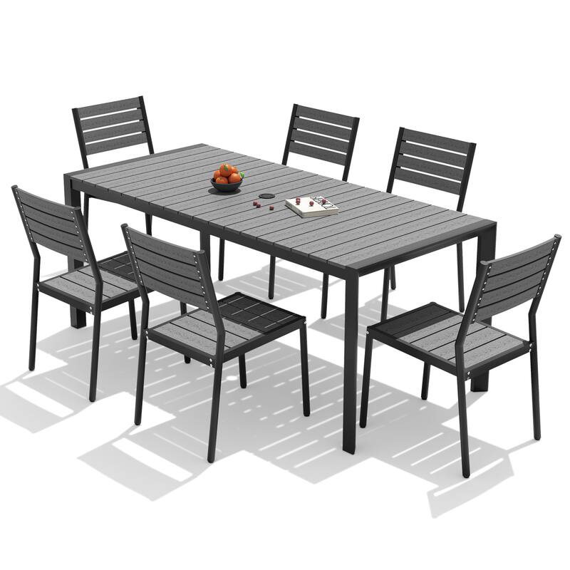 7-Piece Outdoor Patio Dining Set Wood Like Table Top Aluminum Rectangular Umbrella Hole Table with Stackable Chairs