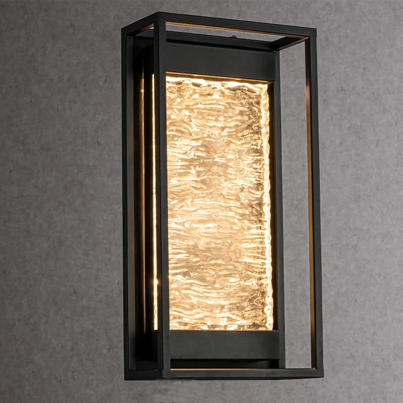 CraftHome Modern Outdoor Integrated LED Black Wall Light with Dusk to Dawn Sensor Matte Black with Textured Glass Wall Lantern - W7.5'' - Matte Black