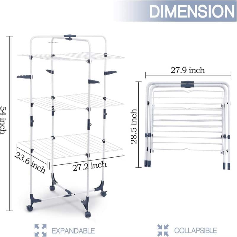 Drying Rack Clothing, 3-Tier Collapsible Clothes Drying Rack with Wheels - 23.6"D x 27.2"W x 54"H