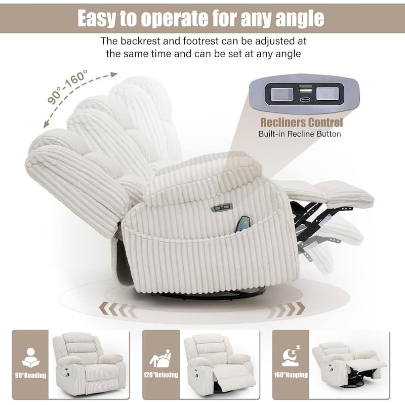 Extra-wide 270° Rotating Heated Massage Electric Recliner with USB/Type-C Charging Port