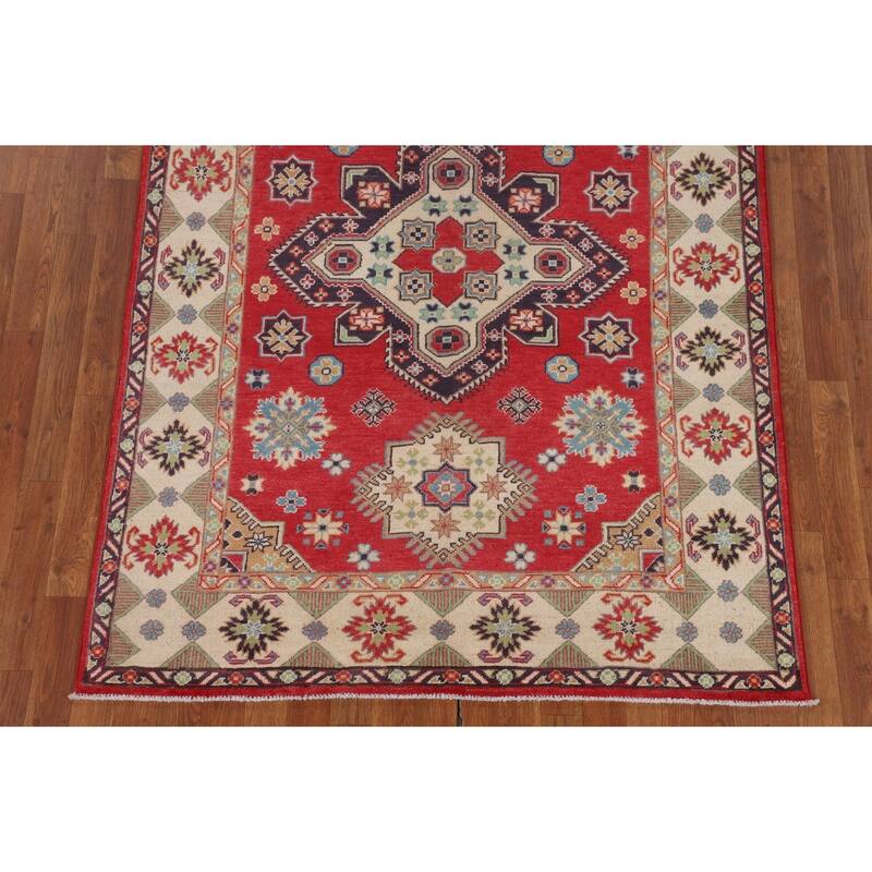 Geometric Kazak Area Rug Handmade Oriental Red Wool Carpet - 4'9" x 6'9"