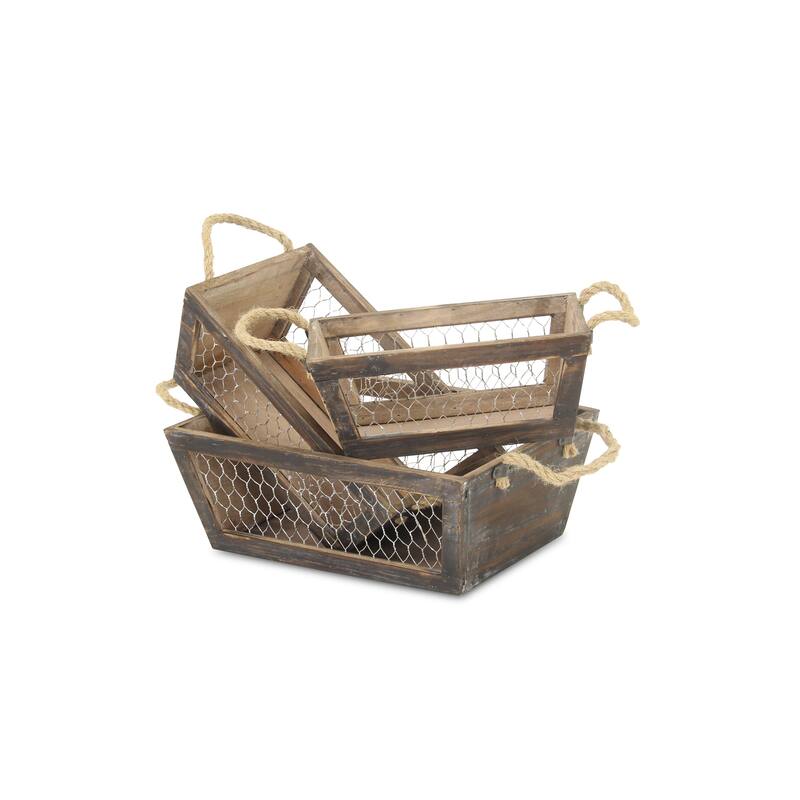 Brown Wooden Tapered Crates with Wire Panels (Set of 3)