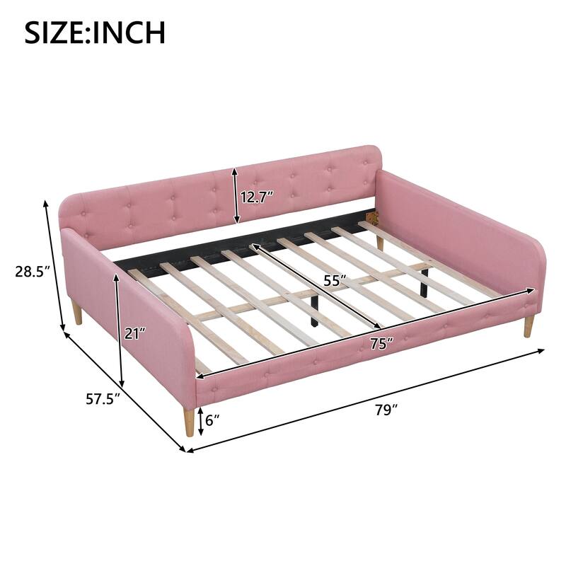 Elegant Style Linen Fabric Daybed, Upholstered Tufted Button Platform Sofa Bed Frame with 4 Solid Pine Wood Legs