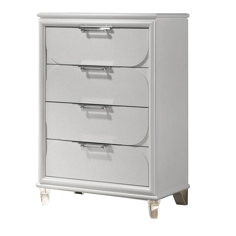 Dima Tall Dresser Chest, 4 Drawers w Acrylic Handles, White Rubberwood