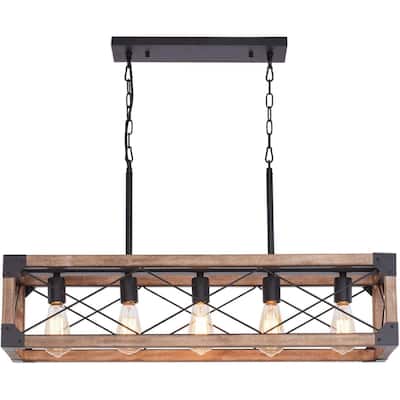Farmhouse Kitchen Island, 5-Light Dining Room Light Fixture, Farmhouse Linear Chandelier with Solid Wood, for Dining Room
