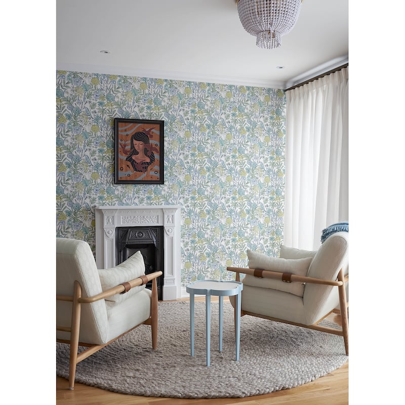 Chesapeake Goldfinch Aqua Birds and Blooms Wallpaper
