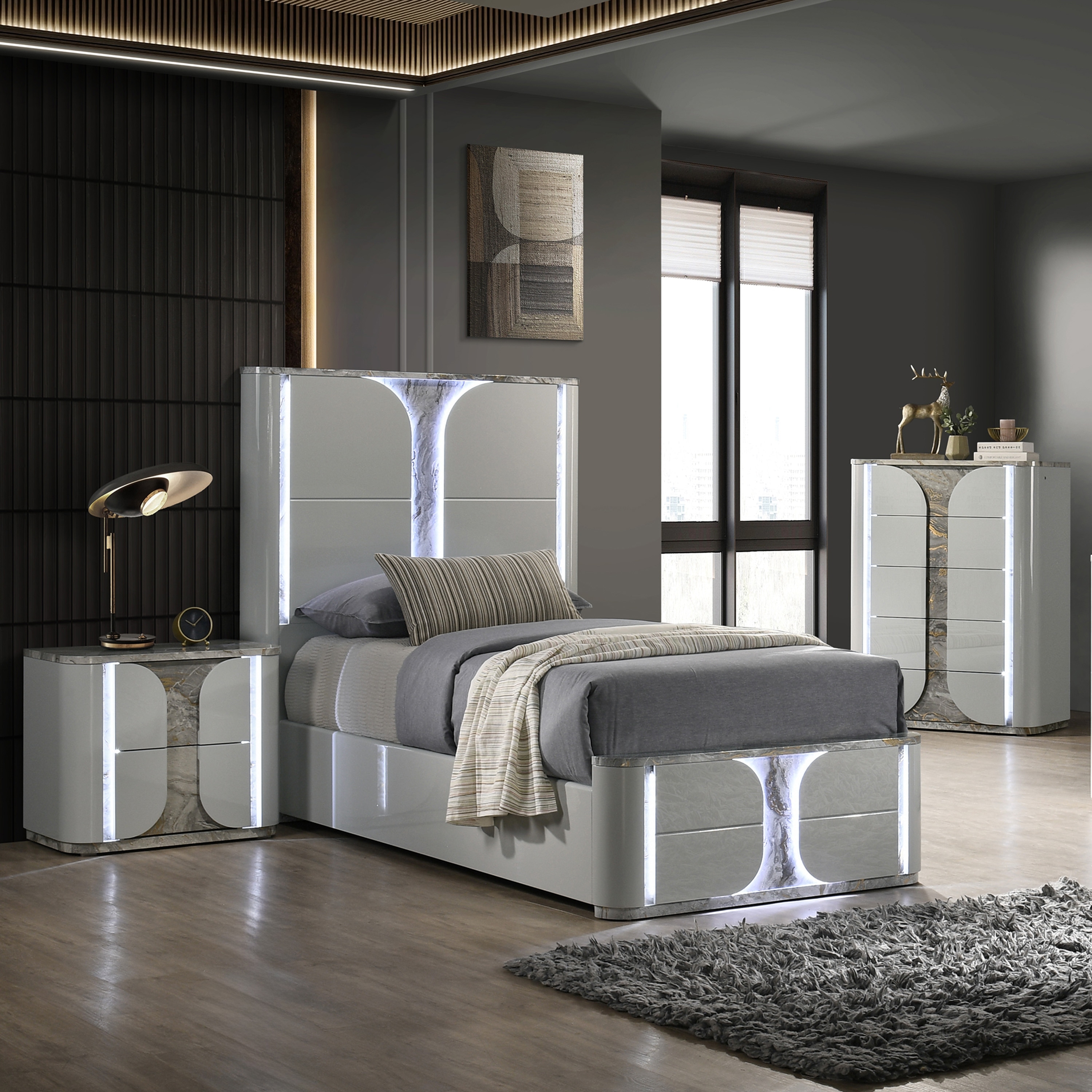 Furniture of America Sherri Modern 3-Piece Light Grey Solid Wood Kids Platform Bedroom Set with LED