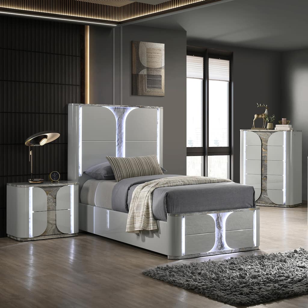 Furniture of America Sherri Modern 3-Piece Light Grey Solid Wood Kids Platform Bedroom Set with LED