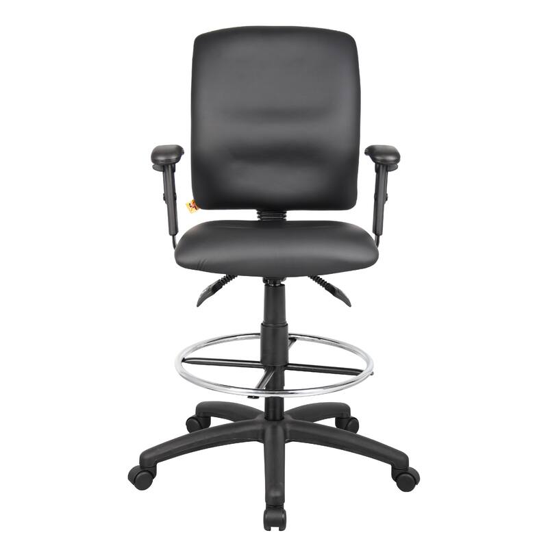 Reza Swivel Drafting Stool, Adjustable Arms, Footring, Black Faux Leather