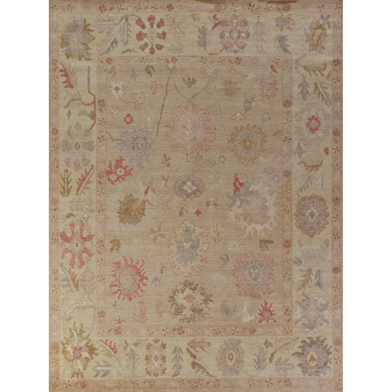 Vegetable Dye Oushak Turkish Rug Hand-Knotted Peach Floral Wool Carpet - 8'3" x 10'5"