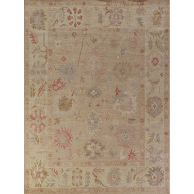 Vegetable Dye Oushak Turkish Rug Hand-Knotted Peach Floral Wool Carpet - 8'3" x 10'5"