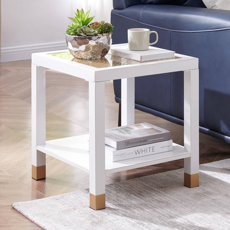 Glass End Table, Modern Style Side Table, Square Table for Living Room, Tempered Glass with Metal Frame, 2-Layer - White+Gold