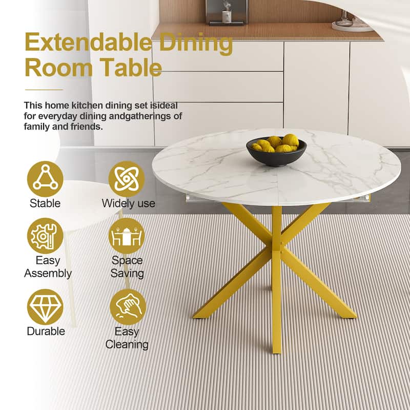 Modern and simple round dining table with extendable blades, carbon steel X-shaped base, sturdy and durable(4-6 people)