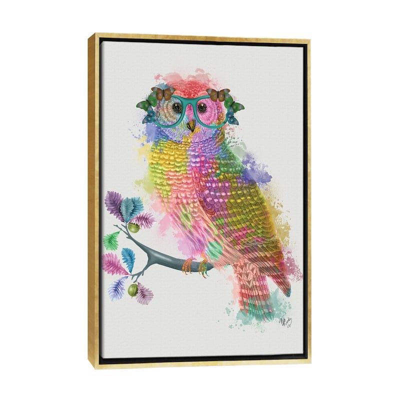 iCanvas "Rainbow Splash Owl" by Fab Funky Framed Canvas Print - Gold - 26x18