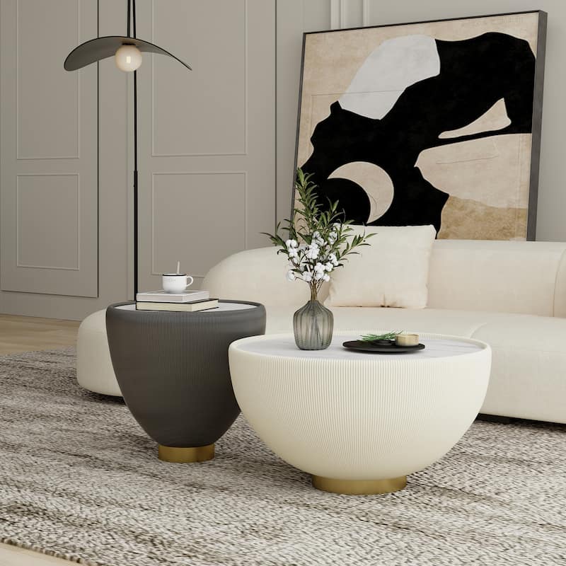 Modern Drum Coffee Table, Sintered Stone Coffee Table with PU Leather and Aluminum Alloy Base