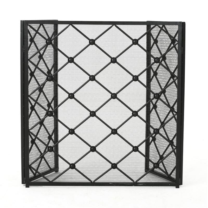 Roomfitters 3-Panel Fireplace Screen, Diamond Lattice Spark Guard, Folding Metal Fireguard for Hearth Safety, Mesh Cover, Black