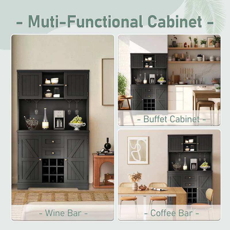 Roomfitters Farmhouse Coffee Bar Cabinet with Wine Storage, Buffet Sideboard with Glass Racks and Shelves
