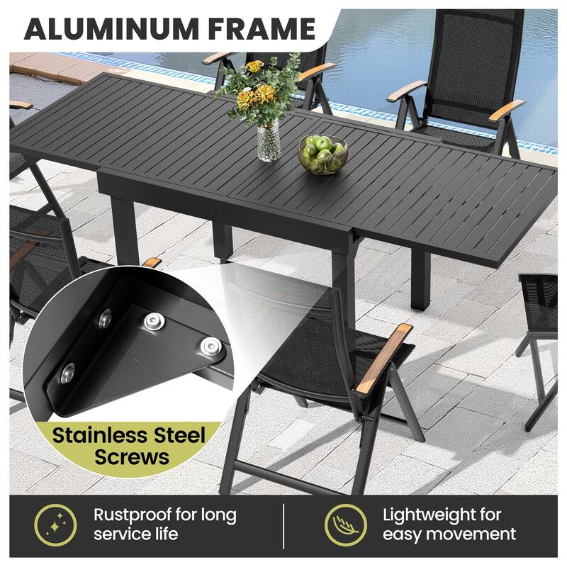 5/7/11-Piece Outdoor Patio Dining Set Aluminum Expandable Rectangular Dining Table with Adjustable Back Folding Chairs