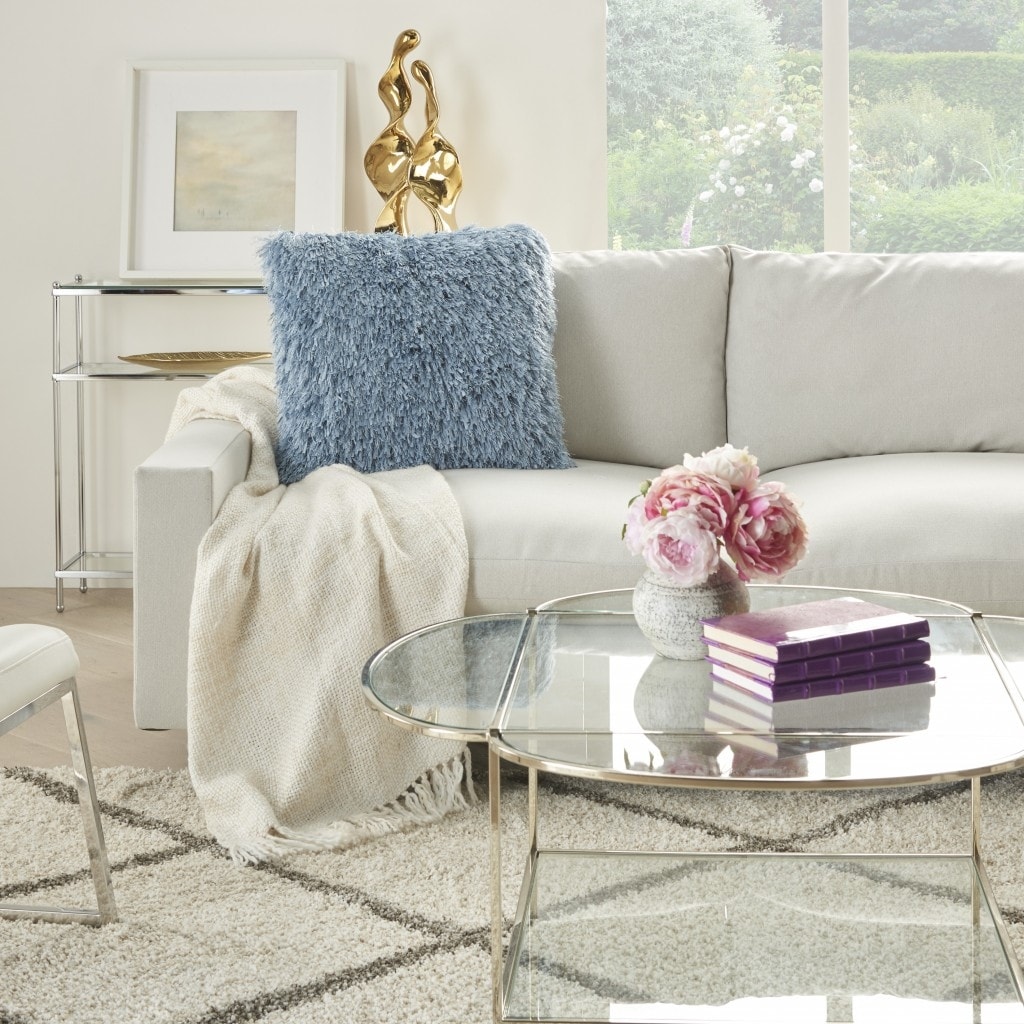 Square Ocean Blue Shag Throw Pillow White