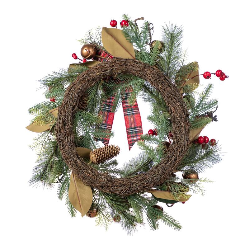 Glitzhome Christmas Bell Pinecone & Berry Bow Wreath Teardrop Garland Wall Decor