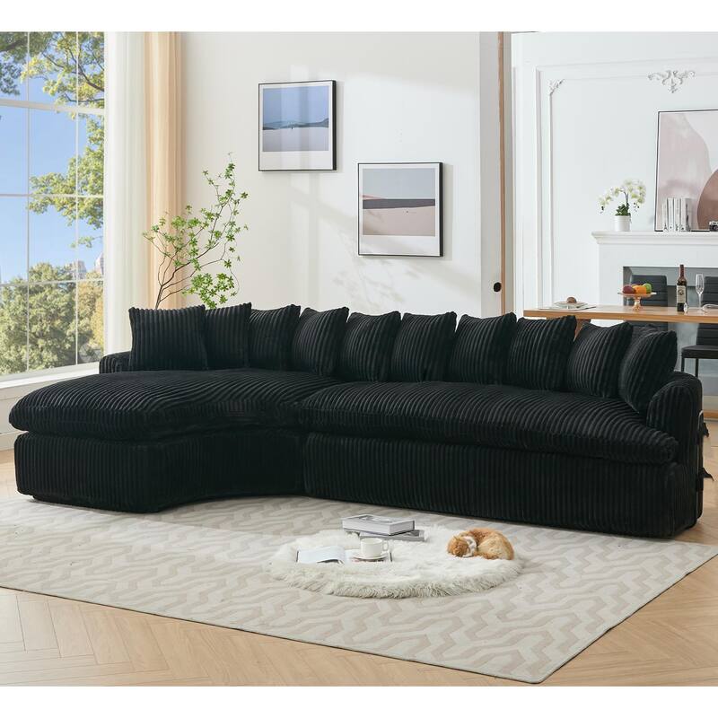 127" Corduroy L-Shaped Sectional Sofa with 10 Back Cushions