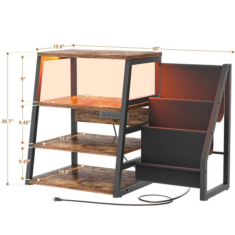 4-Tier Record Player Stand with Vinyl Record Storage ＆ LED Light ＆ Charging Station, Record Player Table, Media Console