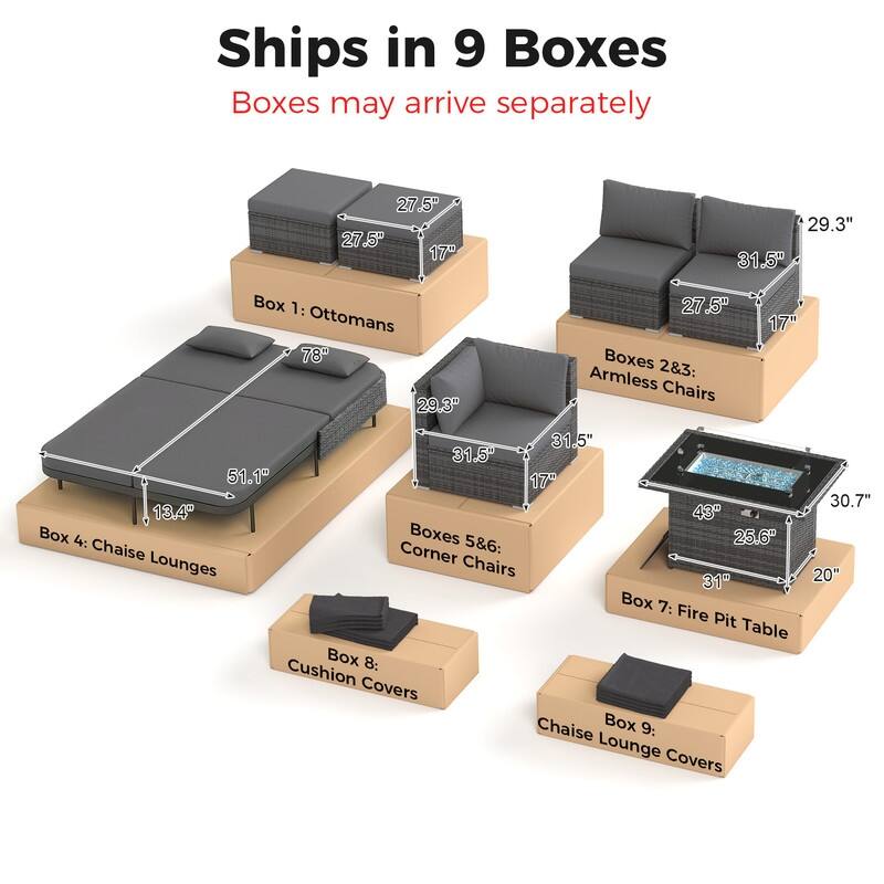 Outdoor Sectional Conversation Set PE Wicker with Double Chaise Lounge, 60,000 BTU Fire Pit Table